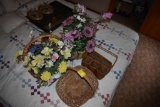 4 Wicker Baskets with two having fake Flowers