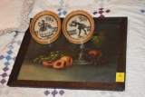 Painting of fruit and two needle point oval pictures