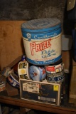 Box of Old Tins Including a Prize Potato Chips tin