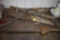 Group of Older hand Saws, hand Scythe, level
