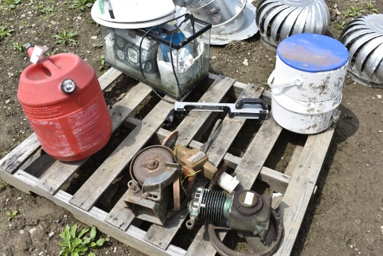 Pallet with Gas Can, Fish Tank, Old Grinders and Water Cooler