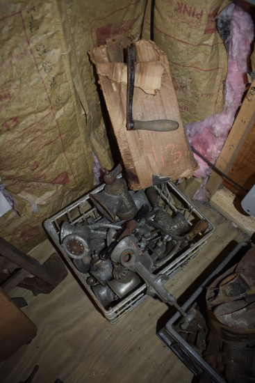 Metal Wire Crate of Vintage Meat Grinders