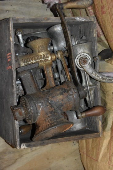 Wooden Crate of Vintage Meat Grinders
