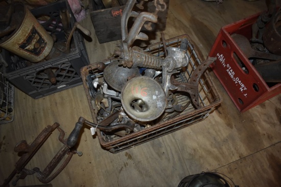 Metal Wire Crate of Vintage Meat Grinders