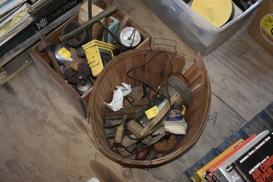 Wooden Crate with Contents and Apple Basket