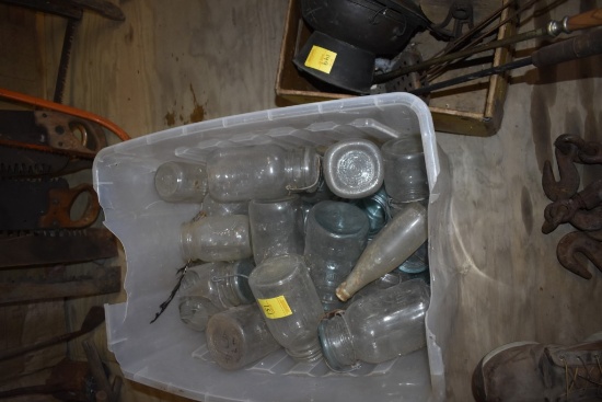 Plastic Tote of Vintage Mason Jars