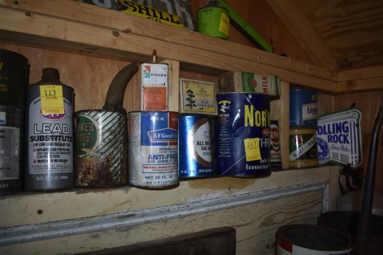 Group of Vintage Oil Tins and Rolling Rock Neon Sign