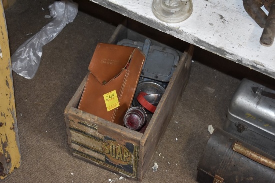 Wood Soap Crate with 4 Vintage Flash Lights