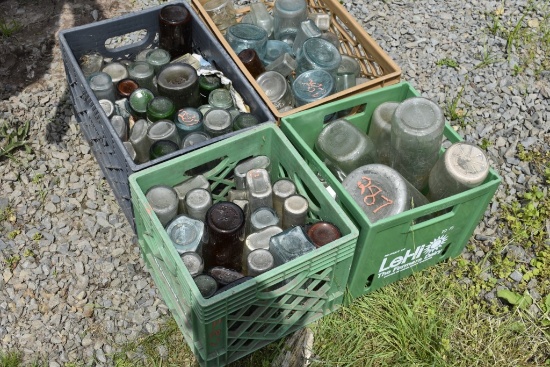 4 Milk Crates of Vintage Glass Bottles