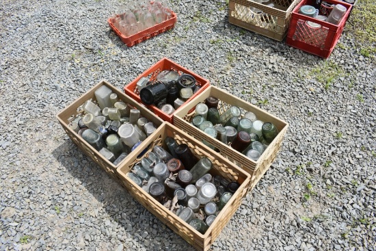 4 Milk Crates of Vintage Glass Bottles
