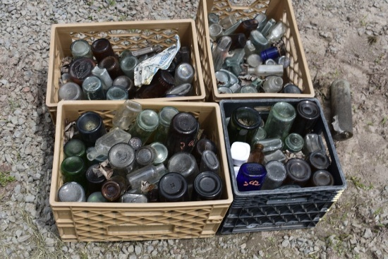 4 Milk Crates of Vintage Glass Bottles