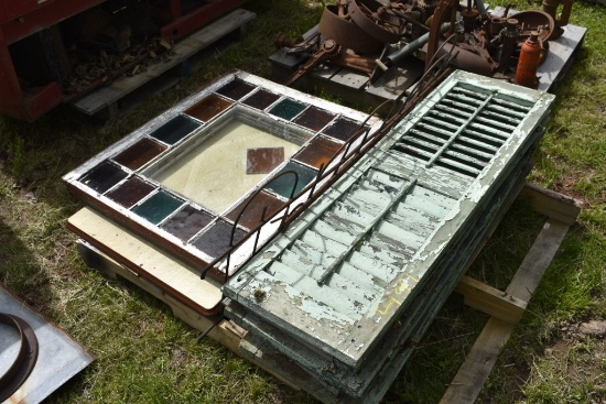 Wooden Shutters, Garden Fence, Enamel Table Top, 2 Stained Glass Windows