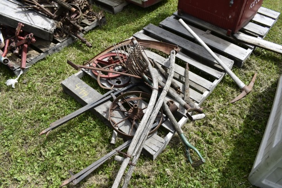 Pallet of Yard Tools, Farm Items, Hay Trolley, Steel Wheels