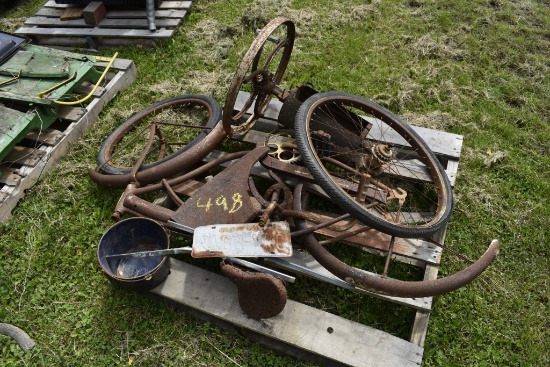 Pallet of Bicycle Parts, License Plates, Steel Wheel