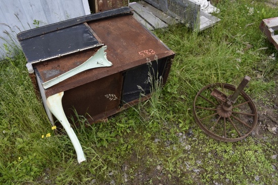 2 Old Stoves, Old Safe and Steel Wheel