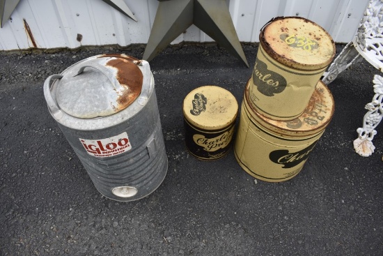 3 Charles Chip Cans and Igloo Drink Dispenser
