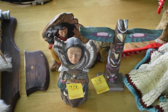 2 Totem Pole Figurines and Native American Figurine