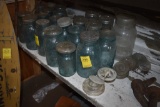 Shelf of Vintage Blue Glass Mason Jars