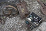 Box of antique insulators, Steel Wheel, Coal Chute Door, Little Pot