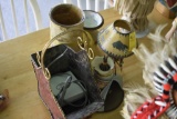 Group of Candle Holders and Metal Basket