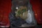 Box of Christmas Knick Knacks and Galvanized Christmas Tree Base
