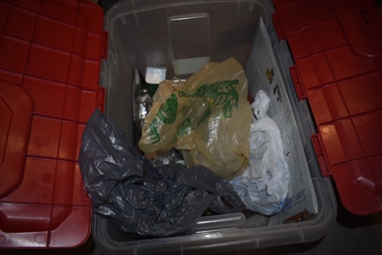 Box of Christmas Knick Knacks and Galvanized Christmas Tree Base