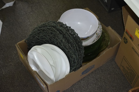 Box of Dishware and Rubber Place Mats