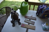 Welcome Sign, Watering Can and Metal Art Dog
