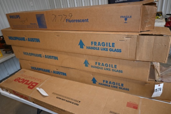 6 Holophone Austin Light Fixtures and Box of 10 Phillips 48" Flourescent Lightbulbs