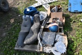 Pallet with Motor cycle Seats, Bowling Ball, Pool Balls, Hub Caps, Etc