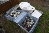 Toilet and Two Totes of Plumbing Items