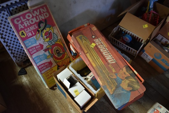 Box of Vintage Toys and Display Cases