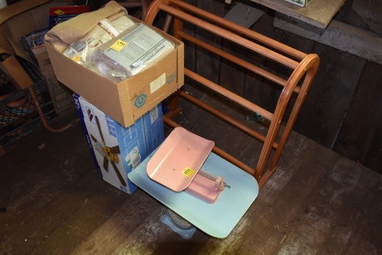2 Vintage Metal Scales, Clothes Rack, Box of Curtains, Ceiling Fan