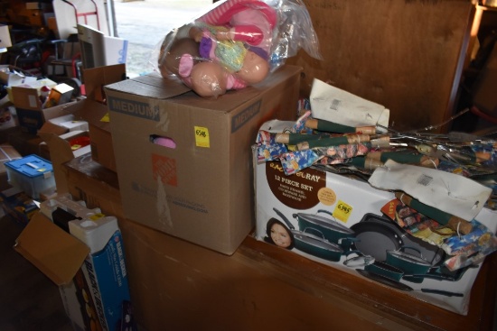 4 Boxes of Kitchen Items and Bag of Dolls