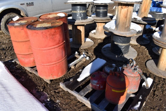 3 55 Gallon Metal Drums, 4 Jerry Cans