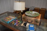 Group of Items with Suitcase, Lamp, Books old Micro Scope