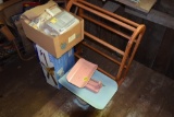 2 Vintage Metal Scales, Clothes Rack, Box of Curtains, Ceiling Fan