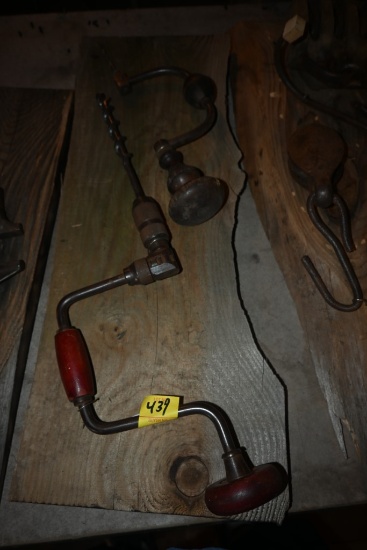 Two Vintage Hand Drills on a Wooden Plaque