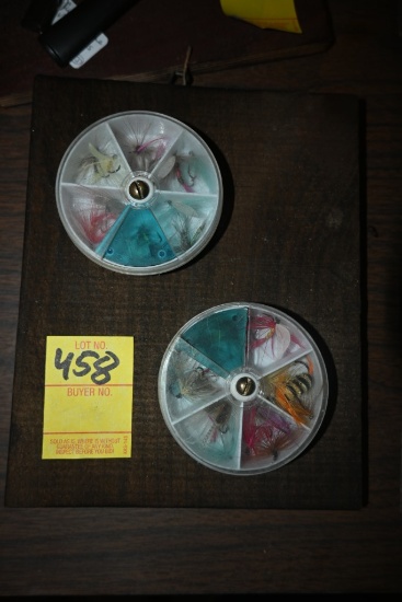 Two Containers of Fishing Flies on a Wooden Plaque