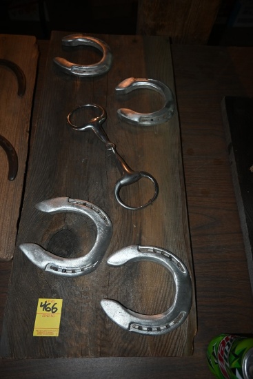 Four Horse Shoes and a Bit on a Wooden Plaque