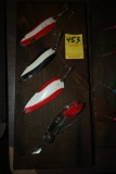 Four Vintage Fishing Spoons on a Wooden Plaque