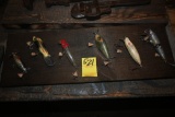 Six Vintage Fishing Lures on Wooden Plaque