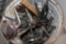 Pail with Hand Drill, Drill Bit, Wrenches, Calipers, Old Wood Shaper Bit