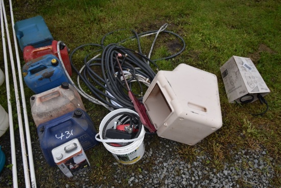 4 Gas Cans, Hoses, Water Tank Heater, Pump Sprayer