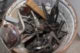 Pail with Hand Drill, Drill Bit, Wrenches, Calipers, Old Wood Shaper Bit