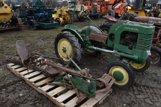 John Deere L Tractor with Sickle Bar Mower and Single Bottom Plow