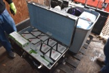 Pallet with Tote of Kids Bed Comforters, Back Backs, Box of Glass Light Shades, Wooden Trunk Full of
