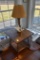 Wooden Table with Wooden Lamp and Decorative Holder