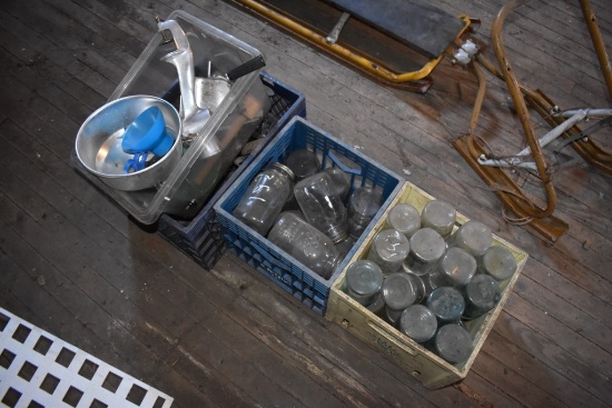 2 Milk Crates of Mason Jars and Grinder