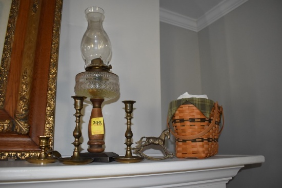 Oil Lamp with 3 Candle Holders, Bronze Horse, Wicker Basket